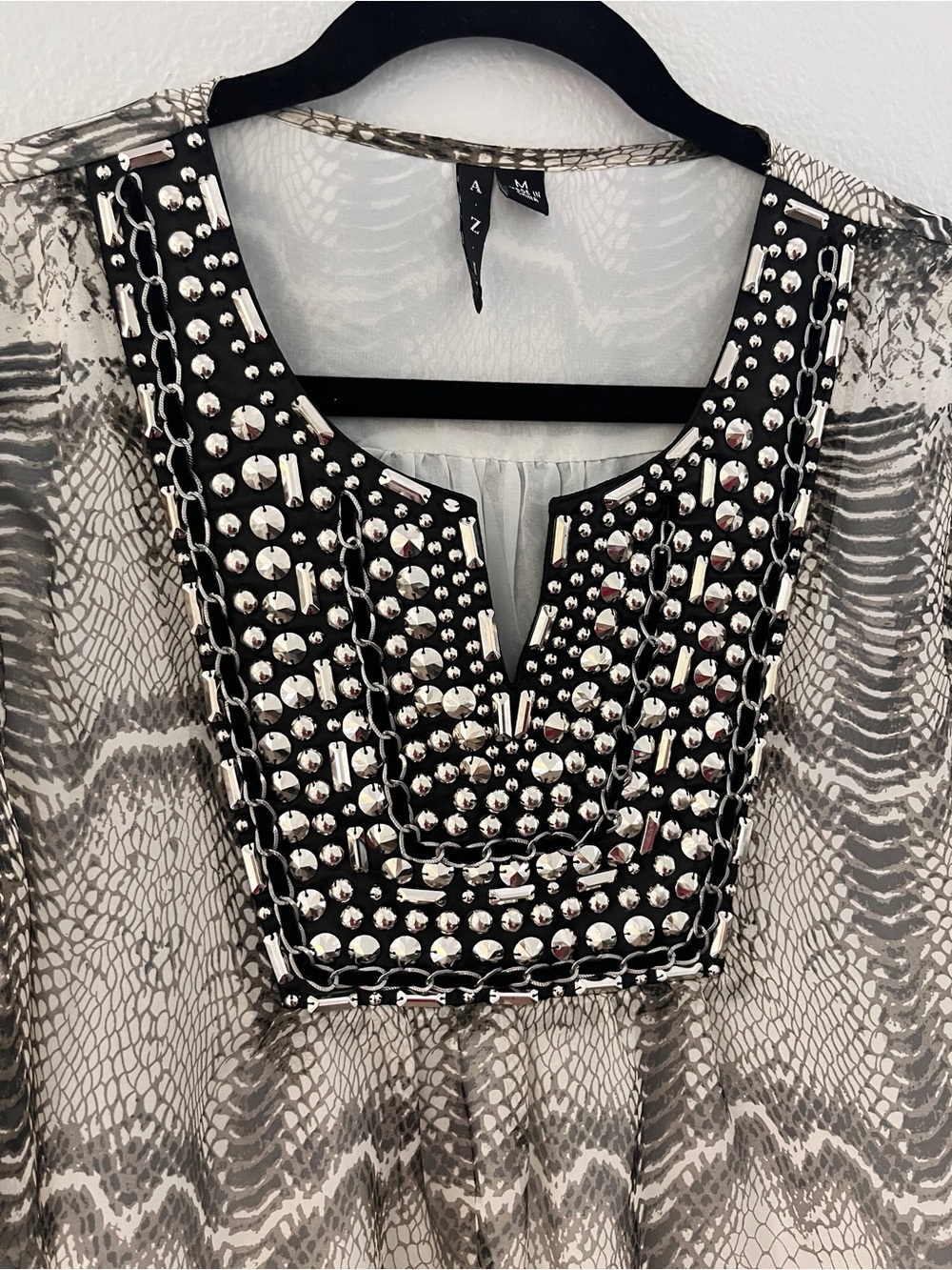AZI JEANS Boutique Gray Snake-Print Beaded Tunic Top MEDIUM